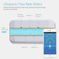 White smart water valve with ultrasonic flow detection diagram and phone app display