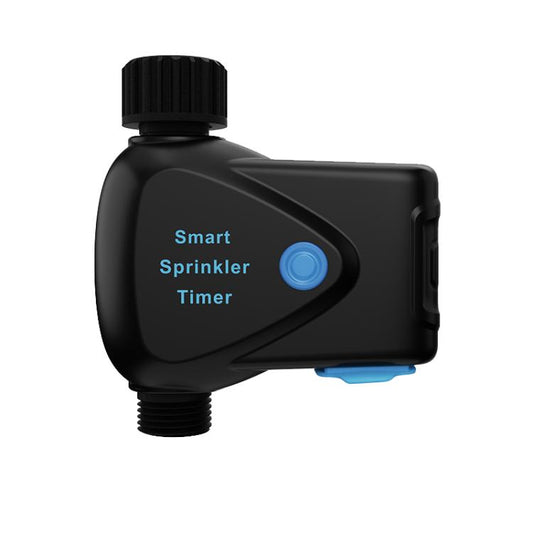 Black smart WiFi sprinkler timer with knob and blue indicator button
