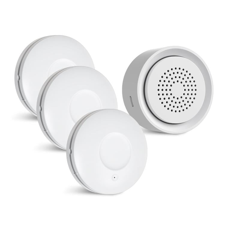 WiFi smart water leak alarm kit: three white circular water sensor alarms with speaker grille