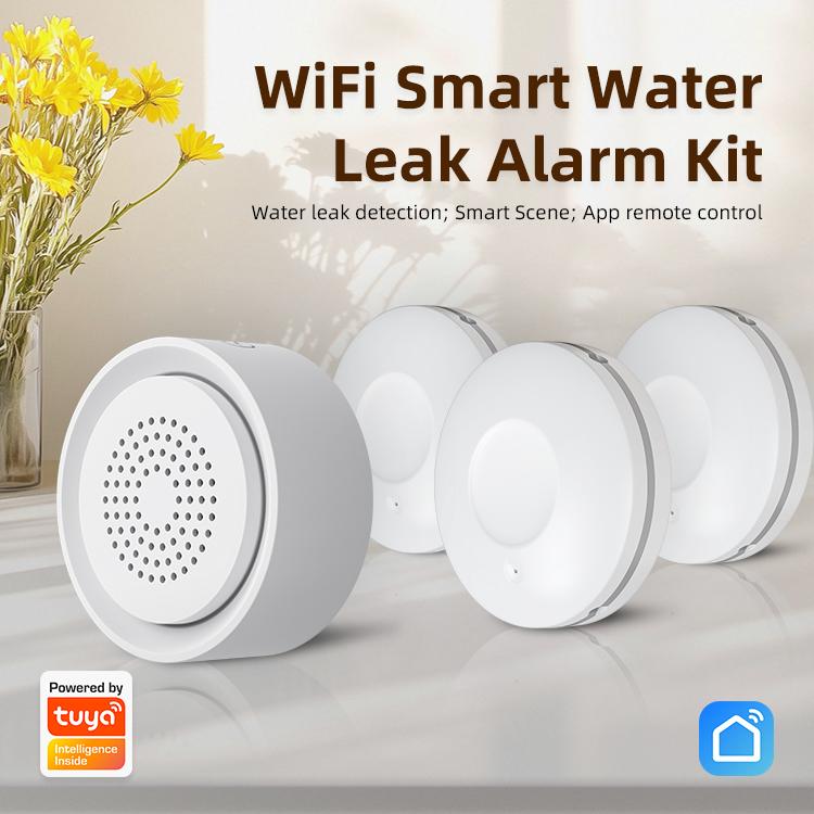 WiFi smart water leak alarm kit: three white round siren alarms with front speaker grille