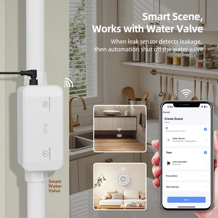 Smart WiFi water leak alarm valve controller with wired sensor and WiFi indicator