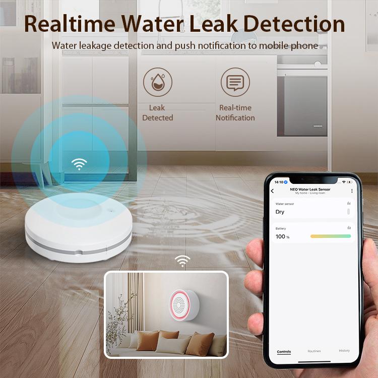 WiFi smart water leak alarm kit: white round sensor alarm and smartphone leak notification