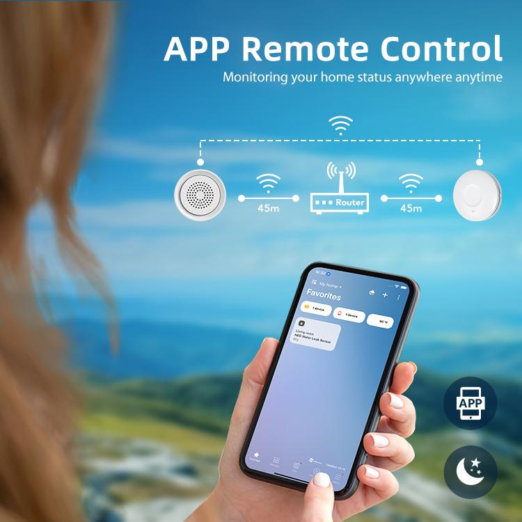 WiFi water leak alarm sensor disc with speaker grille for remote app monitoring