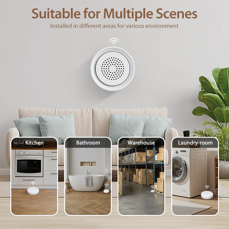Round white WiFi water leak alarm sensor with speaker grille and status light