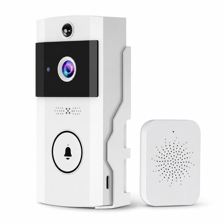 White smart video doorbell camera with two-way audio, circular doorbell button, and wireless chime