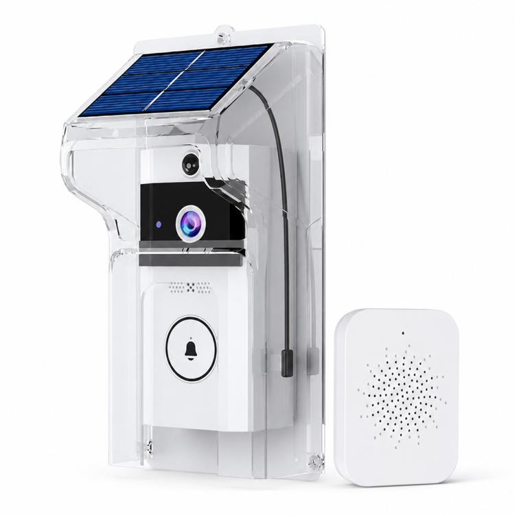 Transparent smart video doorbell camera with two-way audio, circular button, and wireless chime