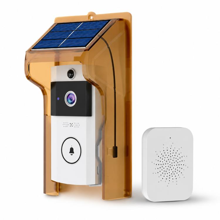 Brown smart video doorbell camera with two-way audio, circular button, and wireless chime