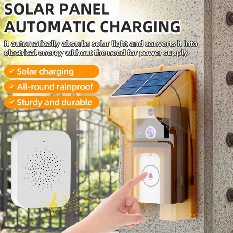 Solar-powered smart video doorbell with brown cover, clear body window, and wireless chime