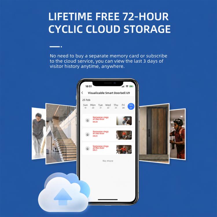 Smart video doorbell camera with app screen showing visitor call and event list
