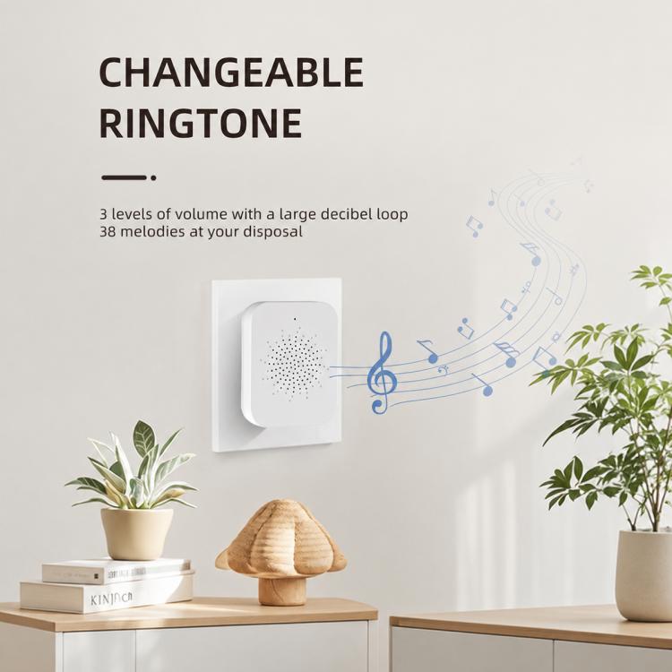 White smart video doorbell chime unit with speaker grille and device label