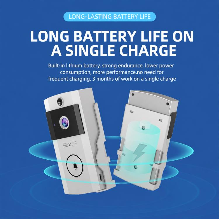 Smart video doorbell with battery compartment shown and front camera lens