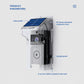 Smart video doorbell camera with rainproof cover and labeled solar panel area