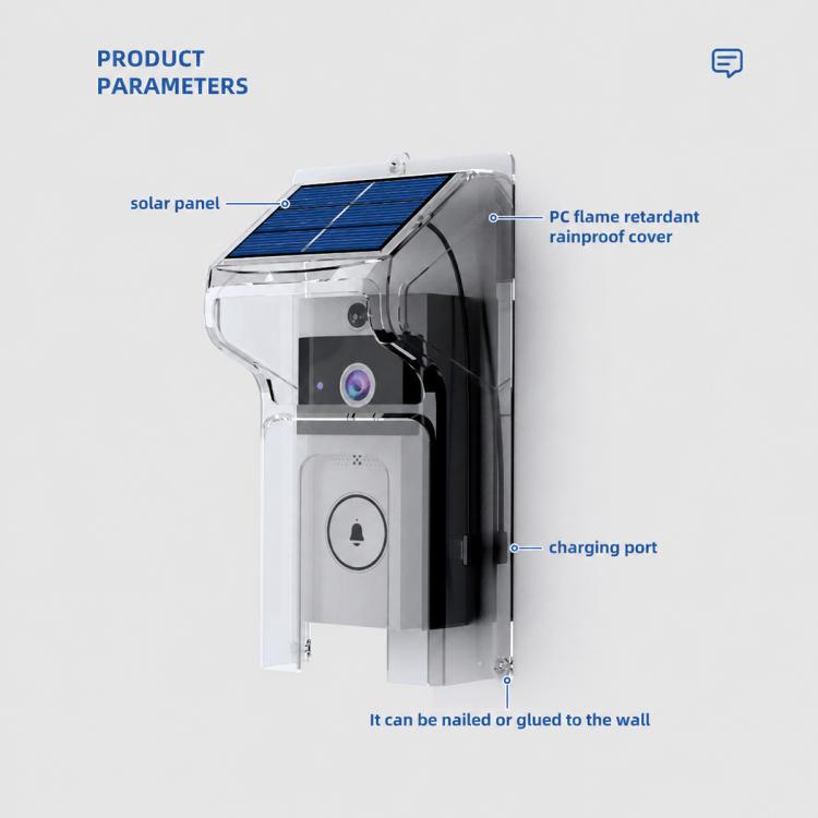 Smart video doorbell camera with rainproof cover and labeled solar panel area