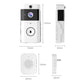 Smart video doorbell with camera and circular button, white housing and dark display panel