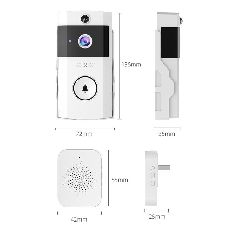 Smart video doorbell with camera and circular button, white housing and dark display panel