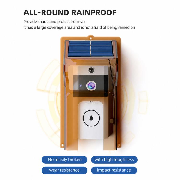 Brown solar smart video doorbell housing with blue solar panel on top and wireless chime