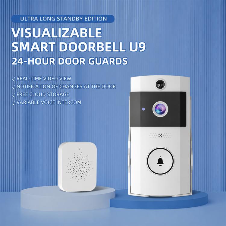 White smart video doorbell with blue solar panel top and wireless chime