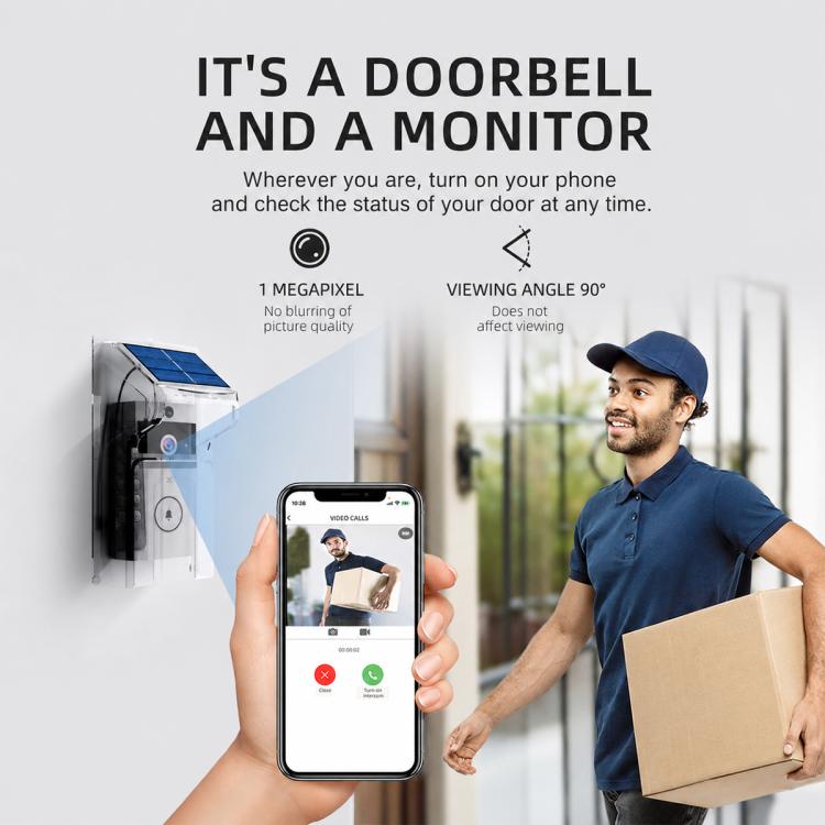 Smartphone showing doorbell camera view and person holding a package near the door