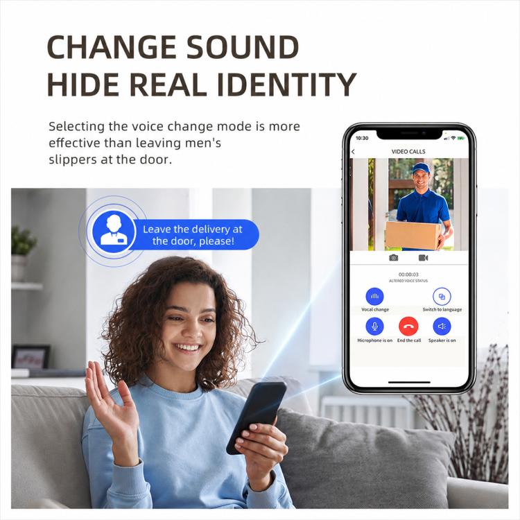 Smart video doorbell camera with transparent cover, showing live view on a phone