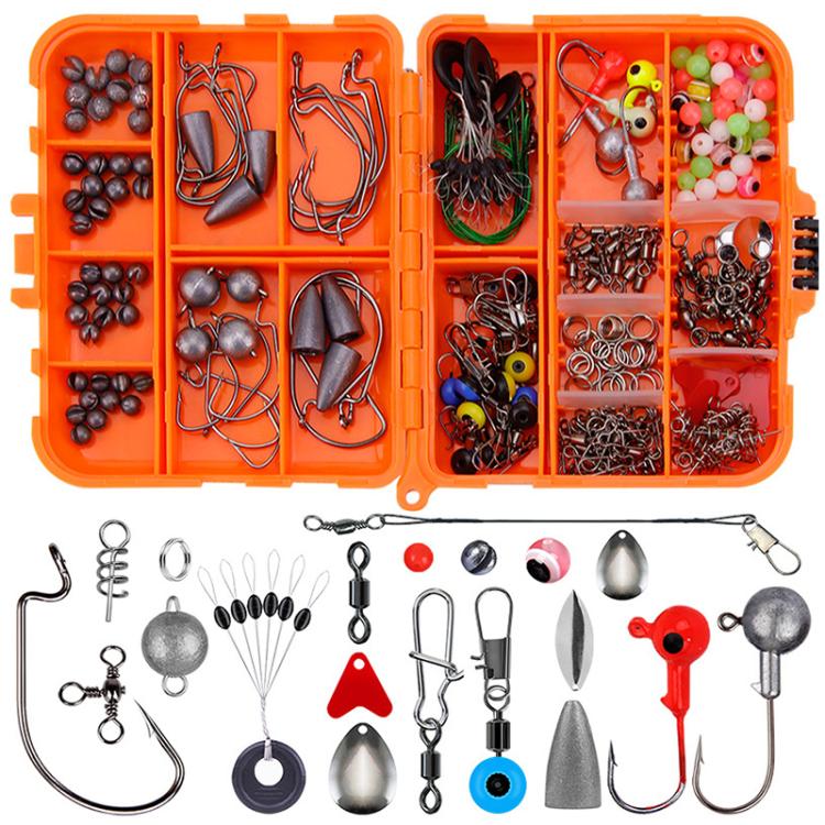 Orange lure hook accessory set in open tackle box with hooks, sinkers, swivels, and beads