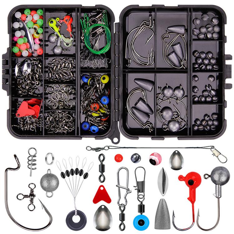 Black lure hook accessory set in open tackle box with hooks, sinkers, swivels, and beads