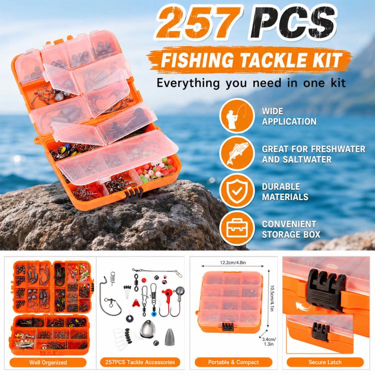 257-piece fishing tackle kit with orange lidded storage box and transparent compartments
