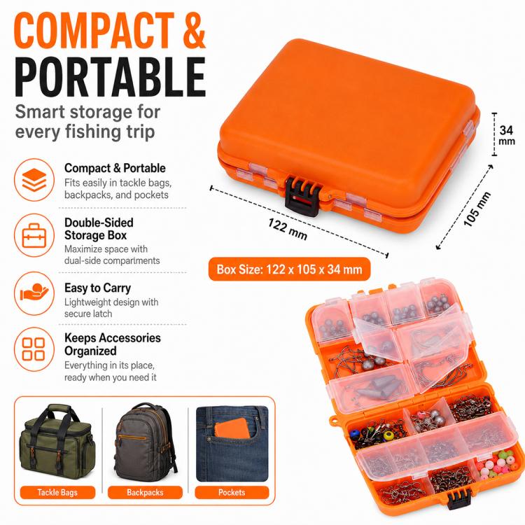 Orange compact portable tackle box with transparent storage compartments for fishing accessories