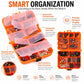 Orange tackle box with multiple transparent compartments holding lure hooks and sinkers
