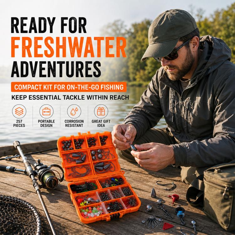 Orange fishing tackle kit box with lure hooks and sinkers beside a fishing rod