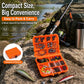 Orange tackle kit with transparent compartments and lure hooks, ready for packing