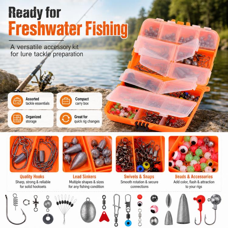 Orange fishing lure accessory kit with organized hooks, sinkers, swivels, and bead accessories