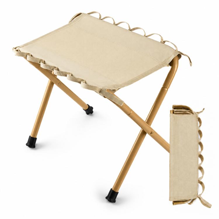 Khaki portable folding stool with square fabric seat and four rubber feet