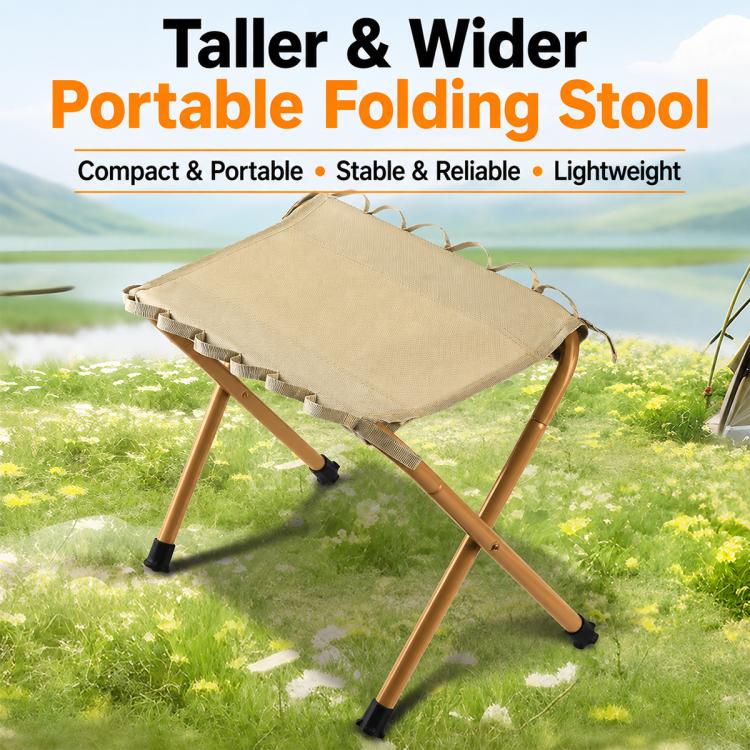 Khaki portable folding camping stool, wide square fabric seat on steel legs