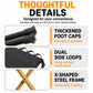 Black portable folding storage stool showing side loops and X-shaped steel frame