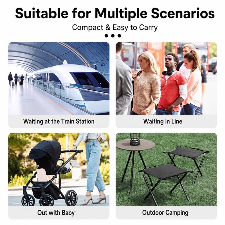 Black portable folding stool for outdoor camping with compact folded frame and top