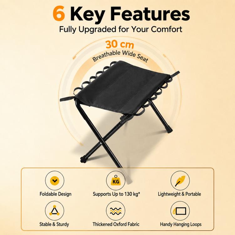 Black folding stool with thick Oxford-style fabric seat and hanging loops