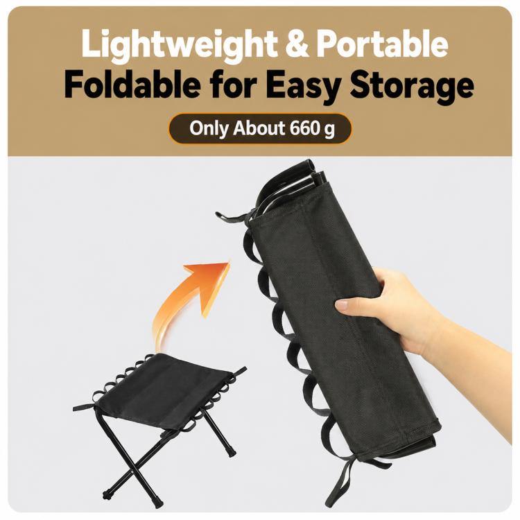 Black portable folding stool with attached carry pouch and compact frame