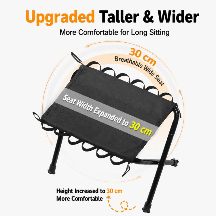 Black upgraded folding stool with wider seat and attached bungee-style loops