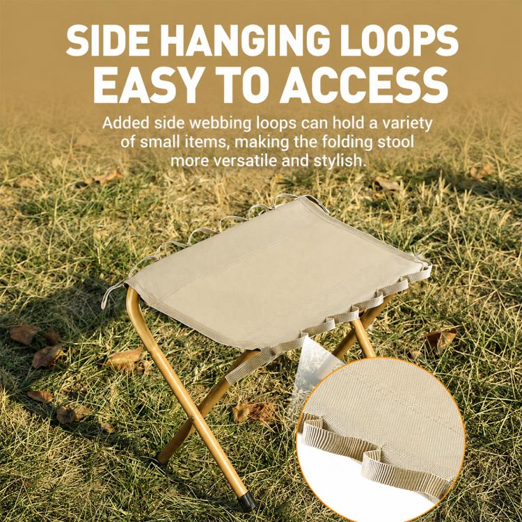 Khaki portable folding storage stool with fabric top and side hanging loops