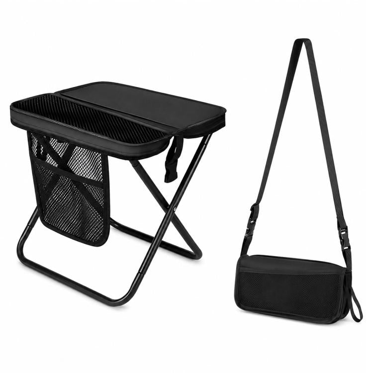 Black portable folding stool with crossbody carry bag and mesh side storage