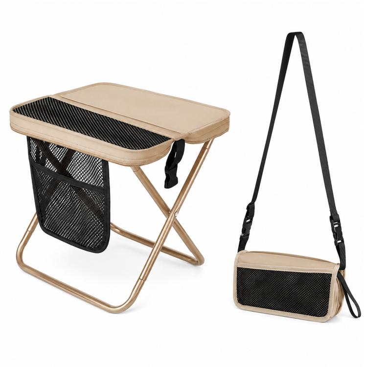 Khaki portable folding stool with crossbody carry bag and black mesh side storage