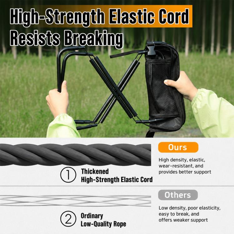 Black elastic-cord carry bag for camping stool with crossbody strap