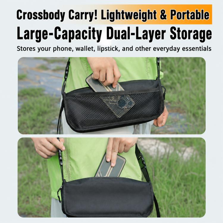 Black crossbody carry bag with dual-layer compartments for small essentials