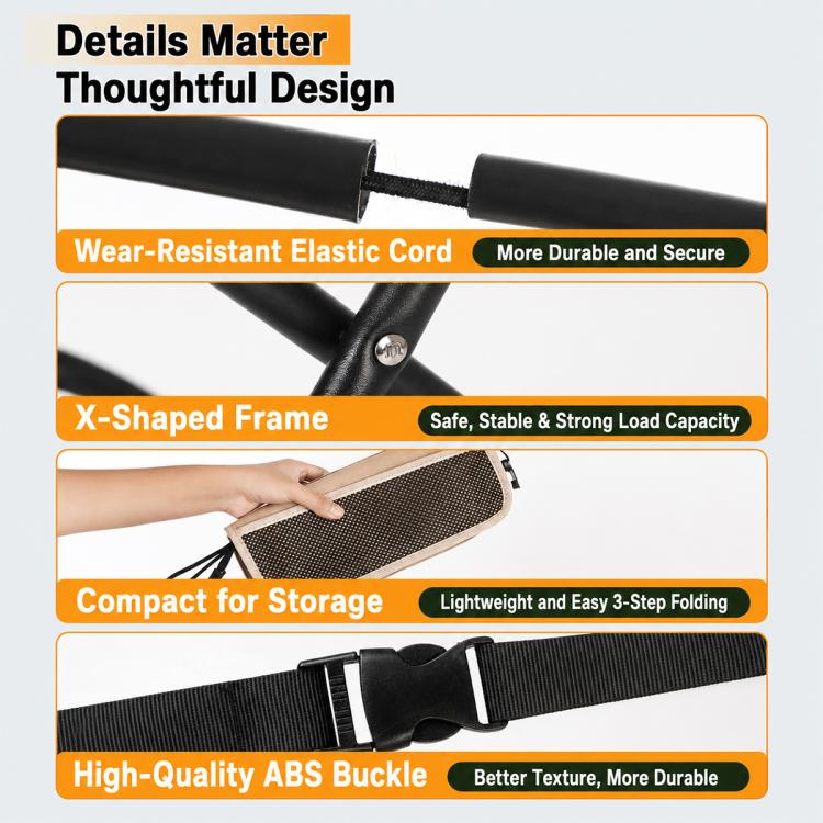 Black folding stool with elastic cord, X-shaped frame, and ABS buckle