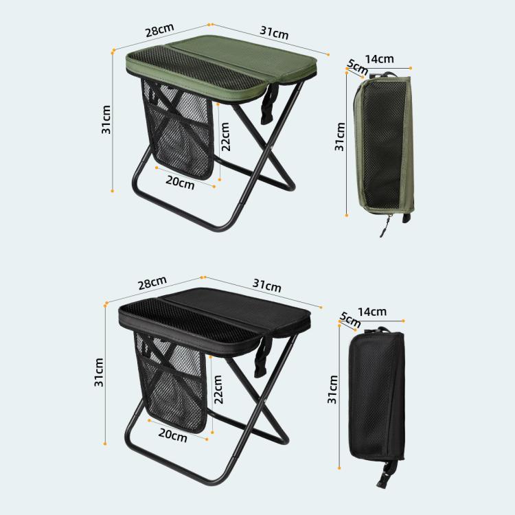 Black foldable camping stool and matching storage bag, with size measurements