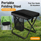 Black portable folding stool with crossbody carry bag, padded seat and mesh side pocket