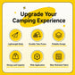 Camping gear feature card with circular icons and yellow highlights