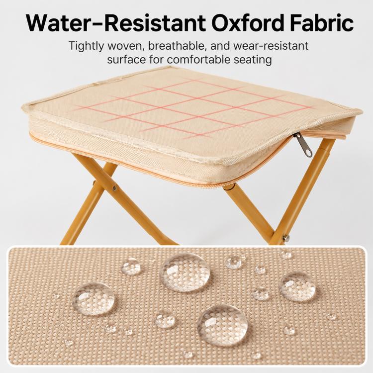 Beige water-resistant oxford fabric cover with zipper on a folding chair