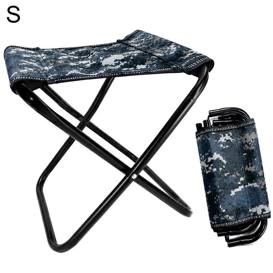 Small blue camo folding outdoor stool chair with black frame and carry strap.