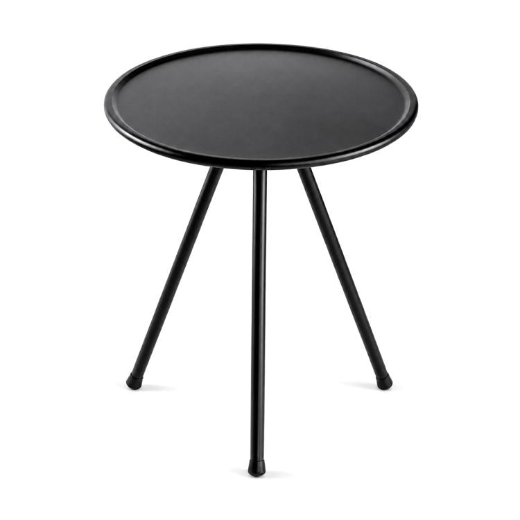 Round black camping side table with three tapered legs